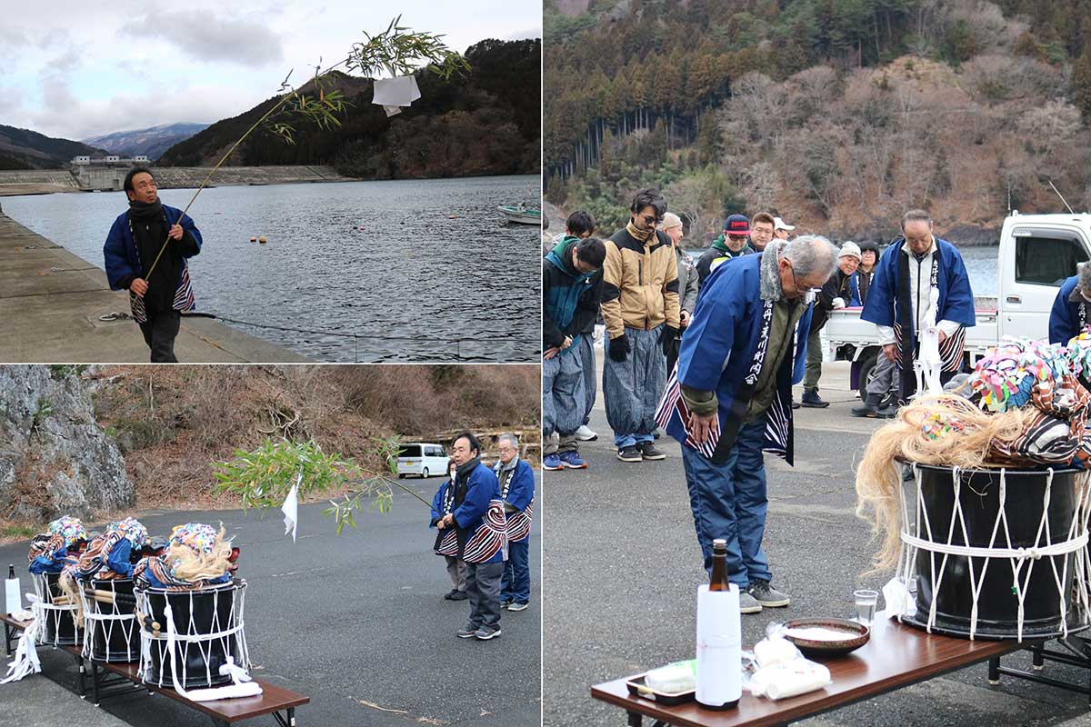 荒川海岸で行われた「御水（塩）取り」。海神をあがめる伝統の神事