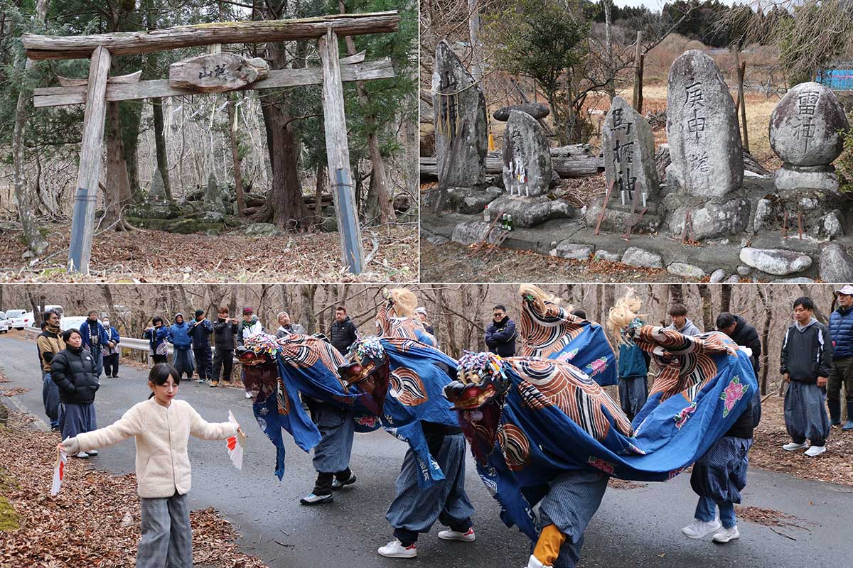 地区内には山の神（左上）、五葉神社（右上）など複数の神社がある。神楽衆は各所を回り舞を奉納
