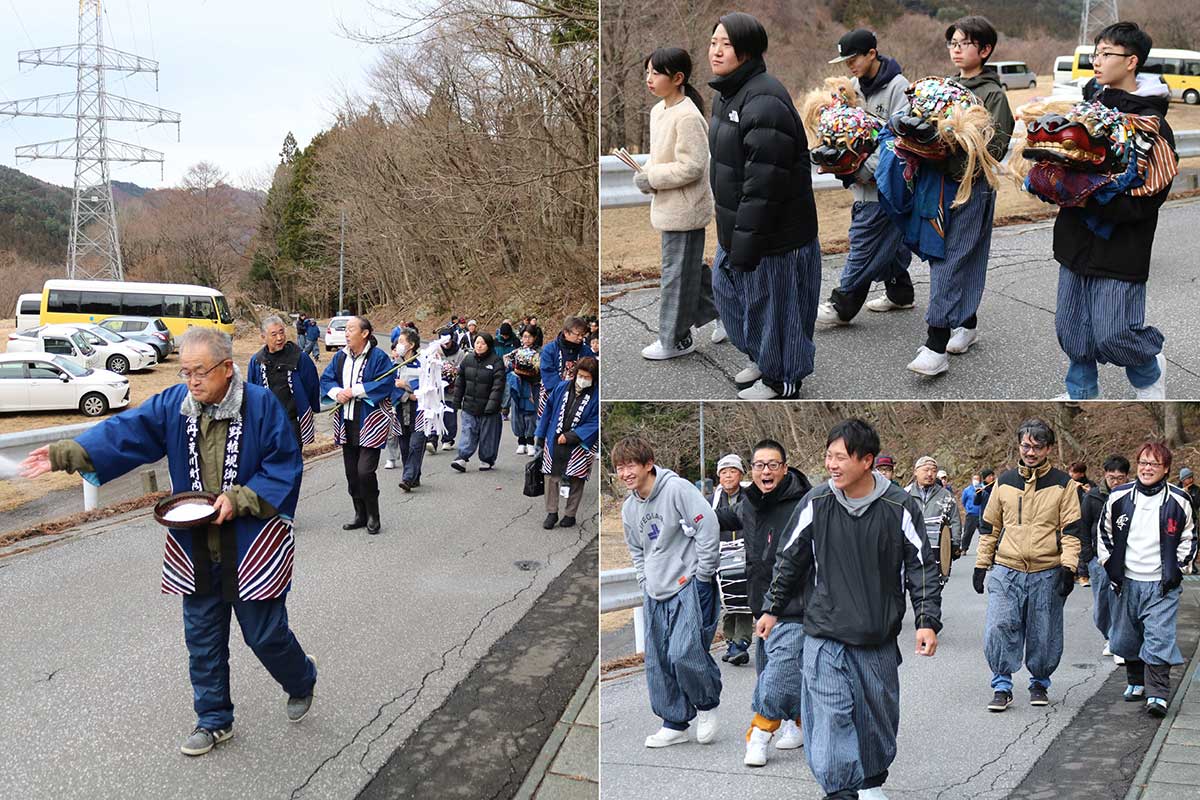 笛や太鼓のお囃子（はやし）を響かせながら、荒金集会所に向かう一行