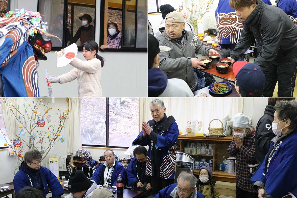 集会所では舞を披露した後、女性たちが準備したお振る舞いをいただいた。室内には小正月のみずき団子飾りも…