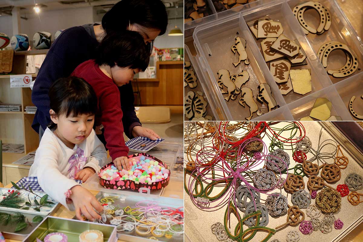 えとの“ウマ”にちなんだ木製パーツや手作りの水引など種類豊富な飾りが用意された。「どれにしようかな?」