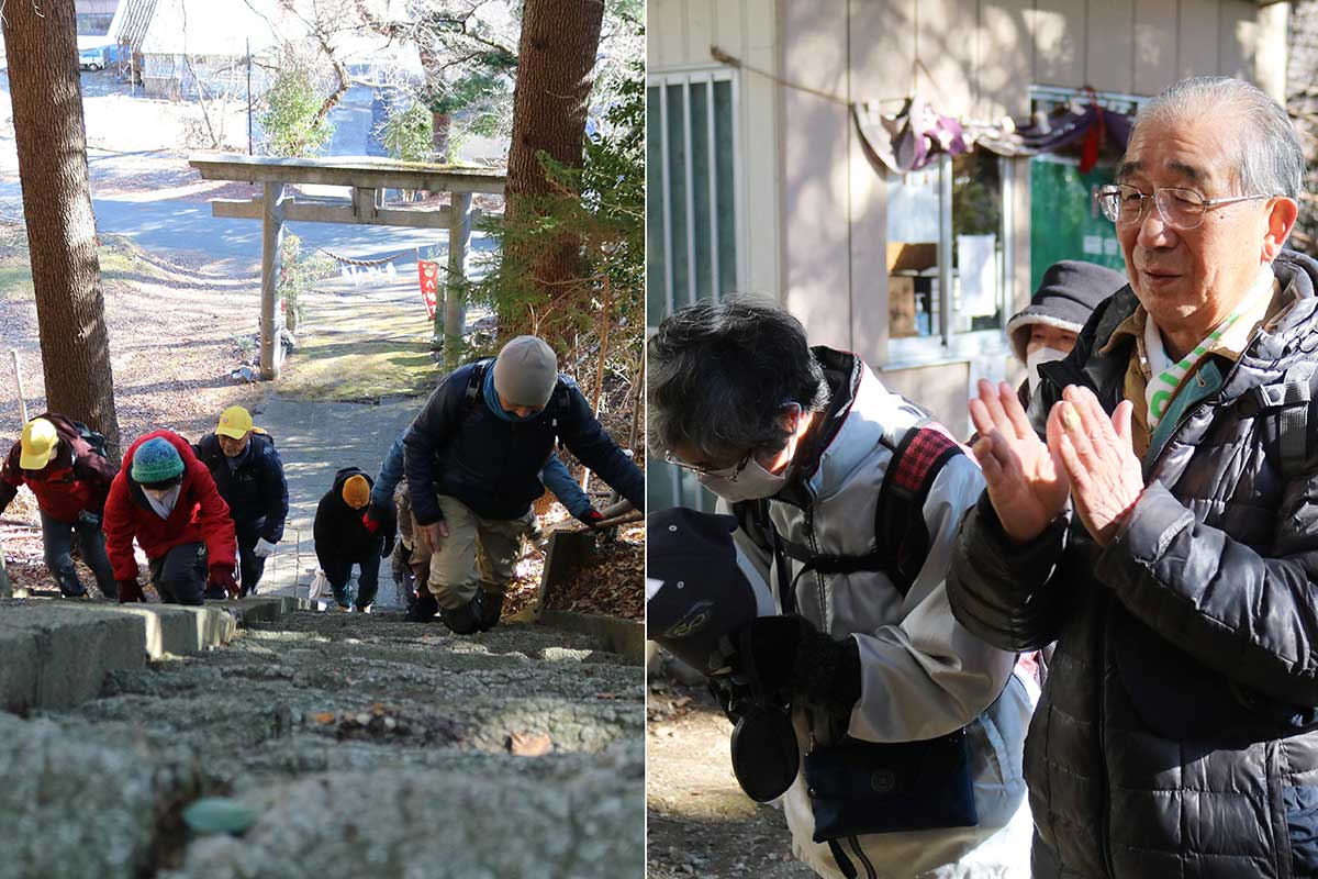 大渡町の八幡神社に到着。急な石階段は手すりにつかまって慎重に上る