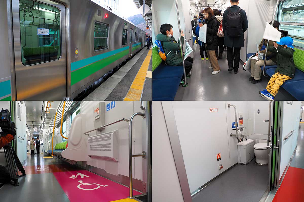 明るい青と緑色のラインが入った車体。車内はロングシート化し広いフリースペースなどが設けられた