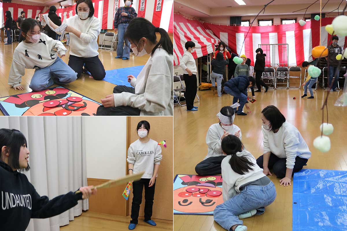 正月遊びの定番「福笑い」や「羽子板」は昔も今も変わらず人気。ミズキ団子には子どもたちの健やかな成長への願いも込められる