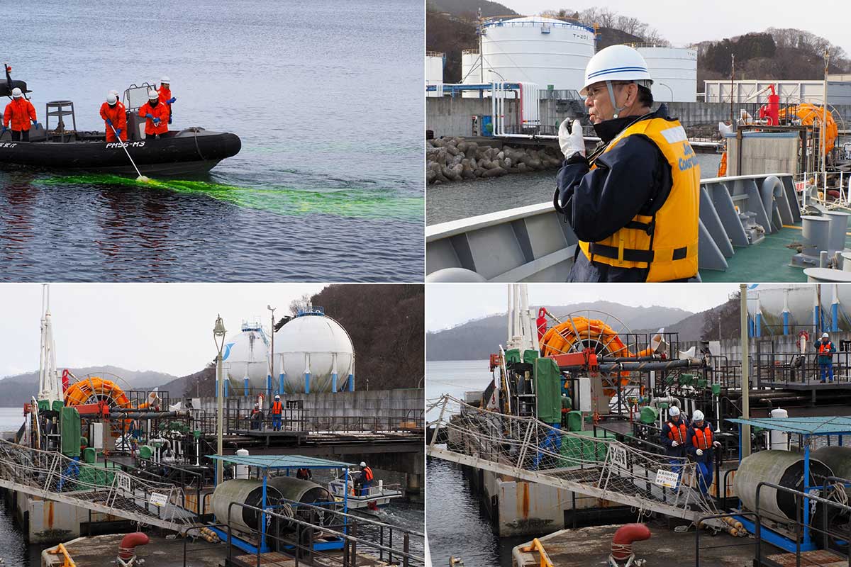 油に見立てた着色剤で海面が染まったのを確認、情報伝達を受け動き出す参加者