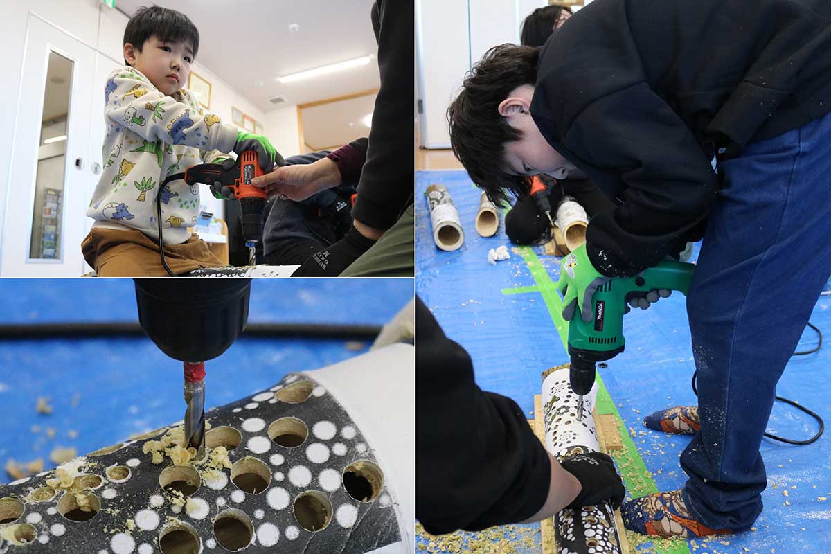 模様にそって大小の穴を開ける。ここから明かりが漏れるしくみ