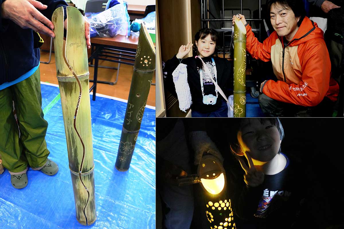 今年は竹の耐久性を高めるために背面にあらかじめ切り込みを入れる工夫も（左）。先端を斜めに切ったことで右下のようなデザイン（ニコちゃんマーク）も可能に