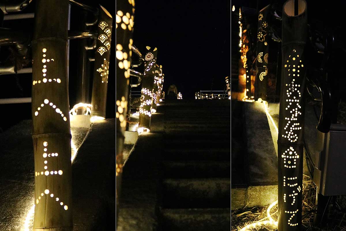 「あなたもにげて」「上へ上へ」と文字を浮かび上がらせる灯籠も。高台避難の大切さを伝える