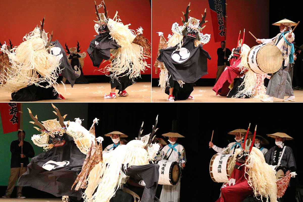 クライマックスは1頭の雌鹿を2頭の雄鹿が奪い合う様子を表現した「角かけ」。激しい戦いが見どころ