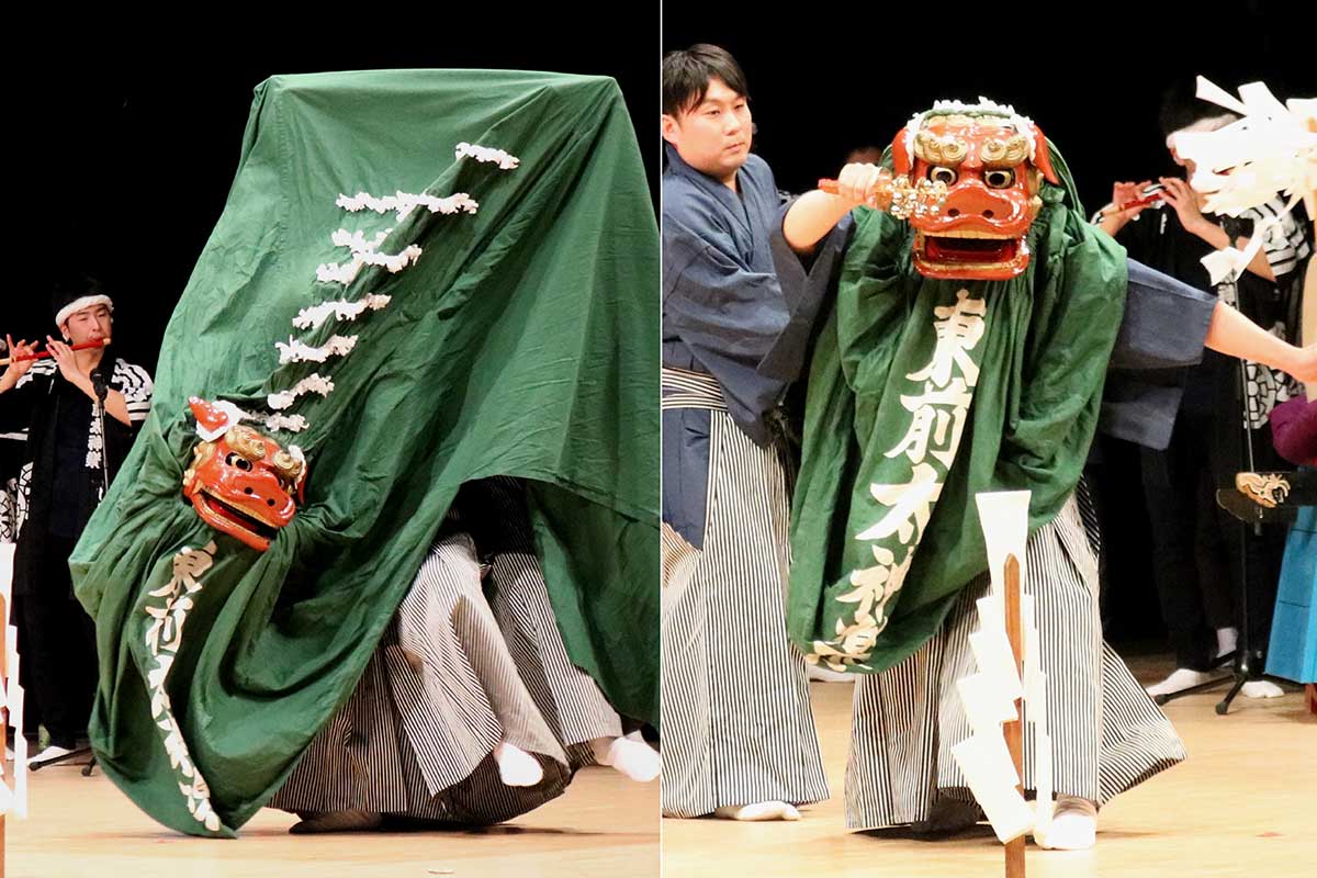 「通り舞」「クリ（狂い獅子）舞」などを継承する市指定文化財の「東前太神楽」。熟練の舞で観客を魅了