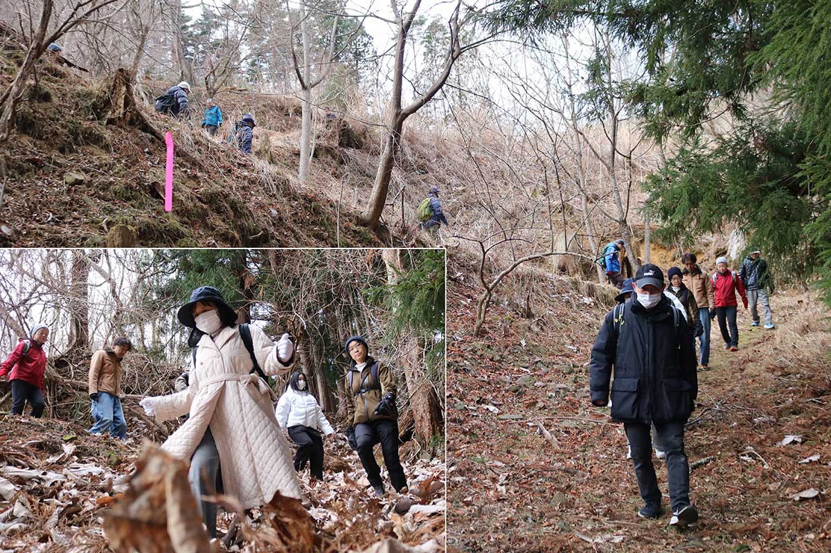 本郷側に下る坂道は一部急斜面も。落ち葉のじゅうたんは滑らないよう慎重に…