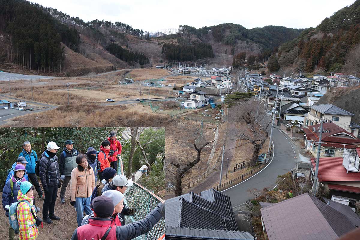 高台から臨む本郷地区。桜並木は当時の柴琢治村長が残した昭和8年の津波の教訓も伝える