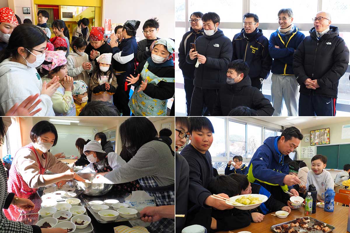 餅つきを通して喜びを共有する栗林小児童と保護者ら