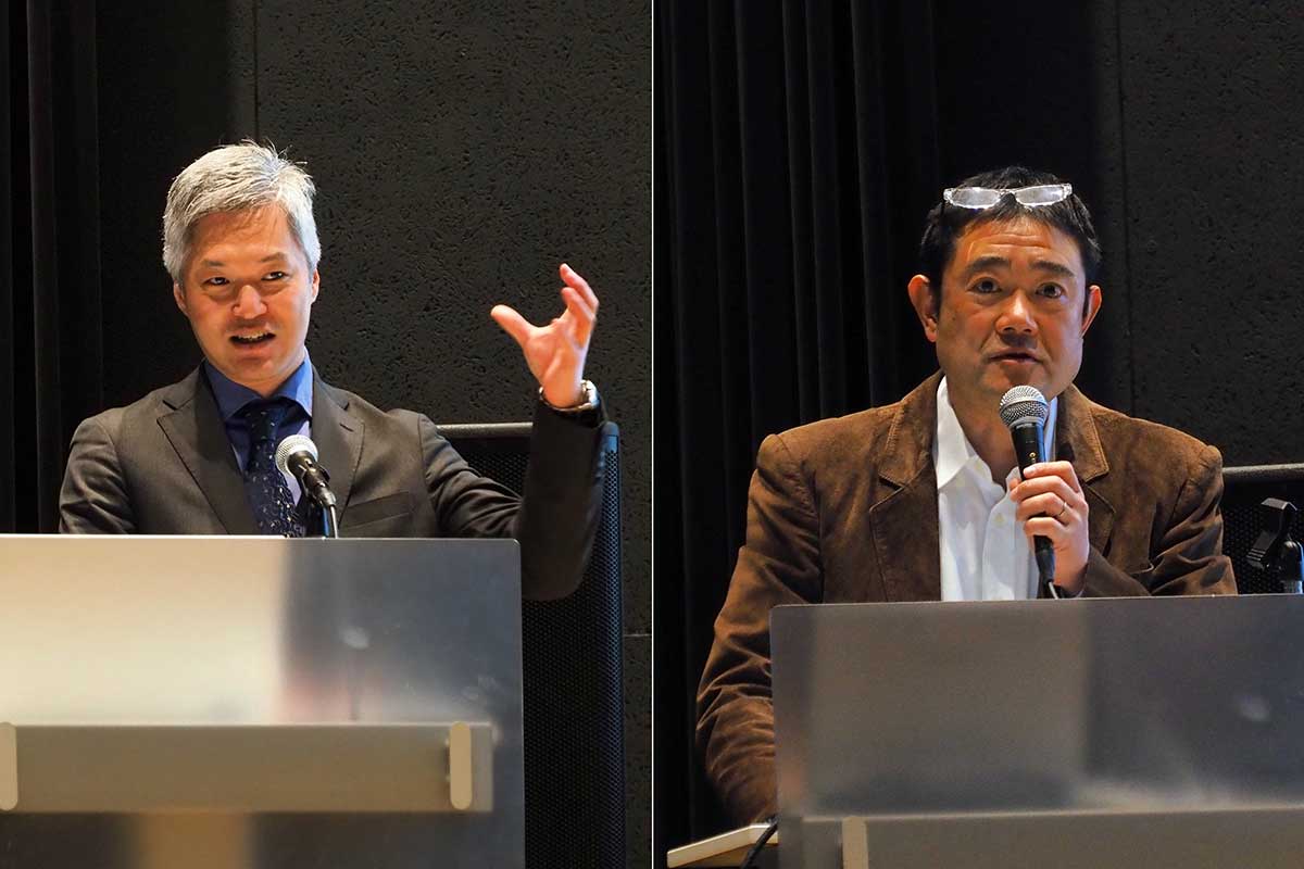 講演した岩手大学の谷田巌准教授(左)、東京大学の藤井賢彦教授