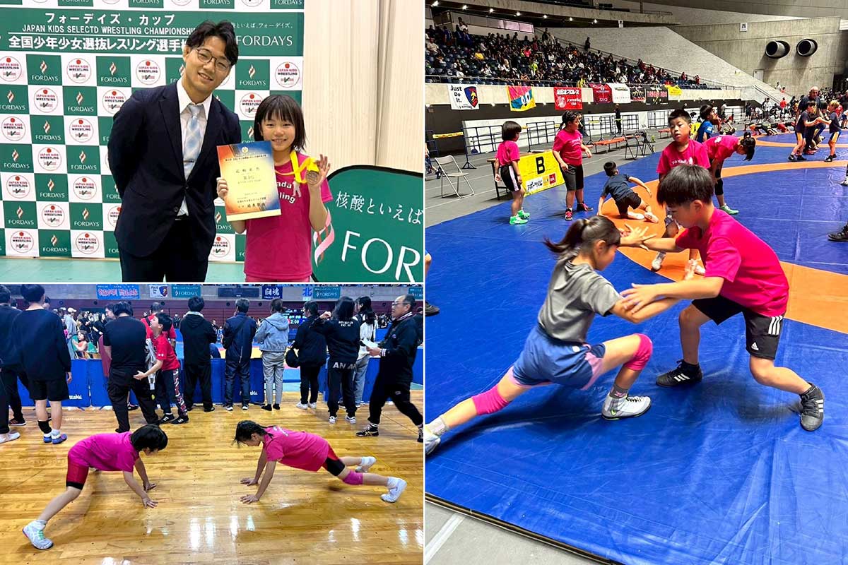 選抜大会では2024年パリ五輪銀メダリスト・高谷大地さんからメダルを授与され感激（左上の写真）。各種大会で試合を待つ間は山田クラブの仲間と調整【写真提供・岩﨑家】