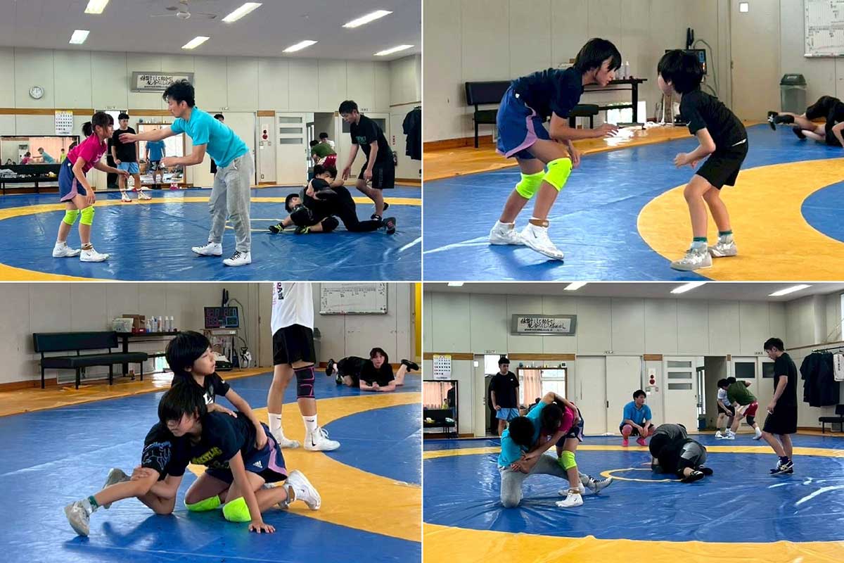 宮古商工高の道場で父、弟とともに練習に励む花乃さん【写真提供・岩﨑家】