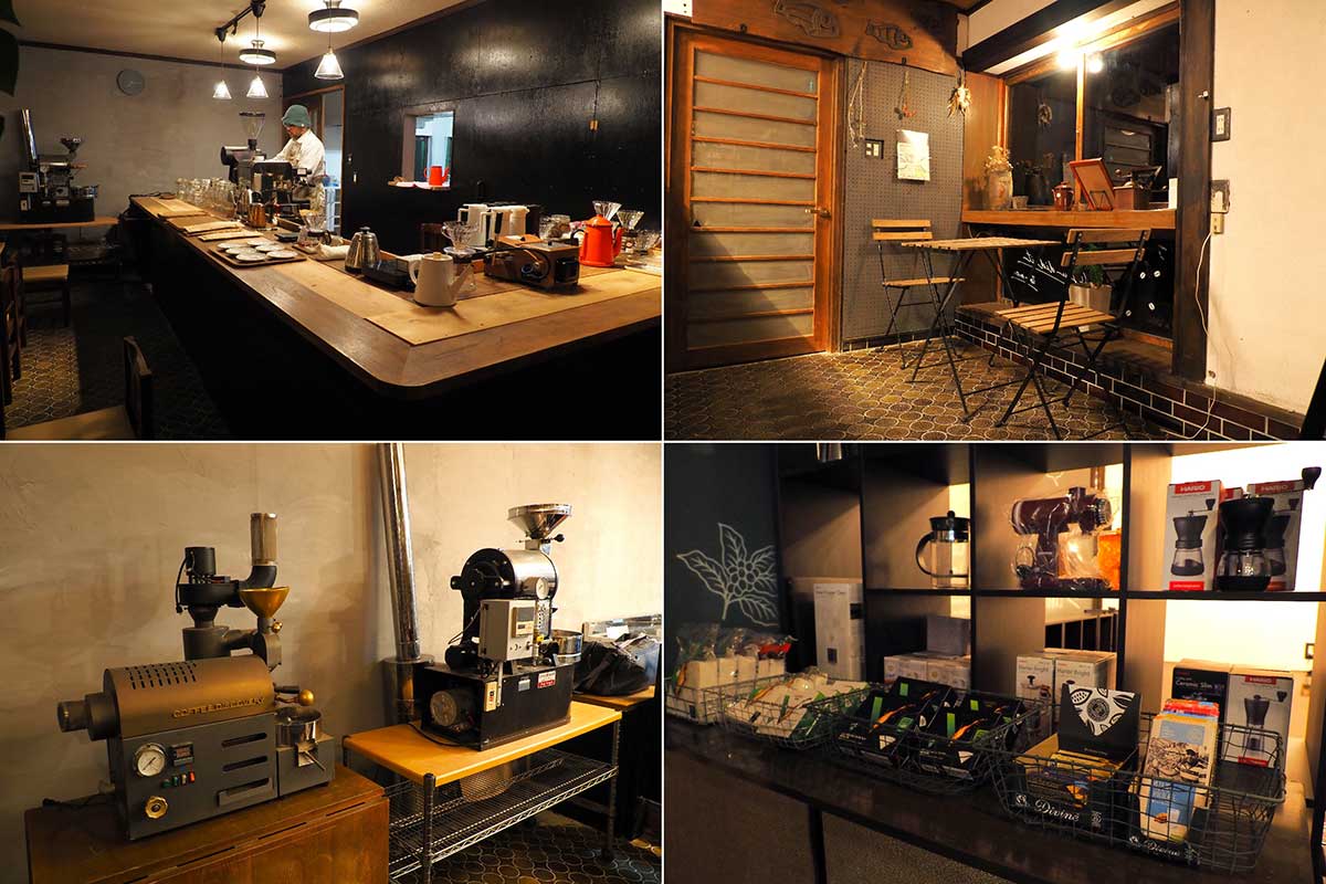 コーヒーにまつわる器具を眺めるのも味わい。フェアトレードの品も並んでいる