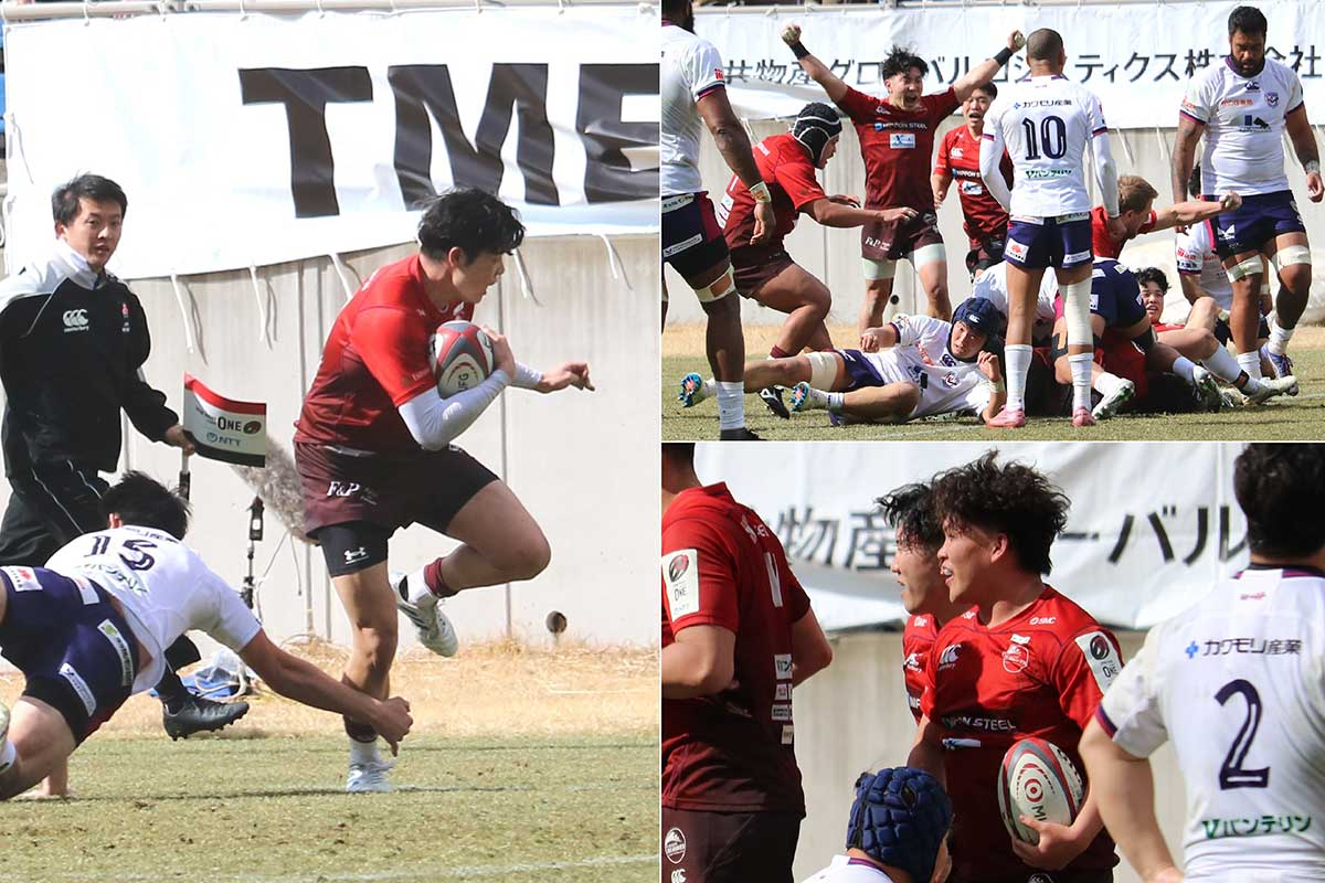 前半26分、CTBヘルダス・ファンデルヴォルトのキックパスをWTB髙居海靖がゴール前に運び（写真左）、最後はフッカー西林勇登が逆転のトライ。大きな喜びに包まれる
