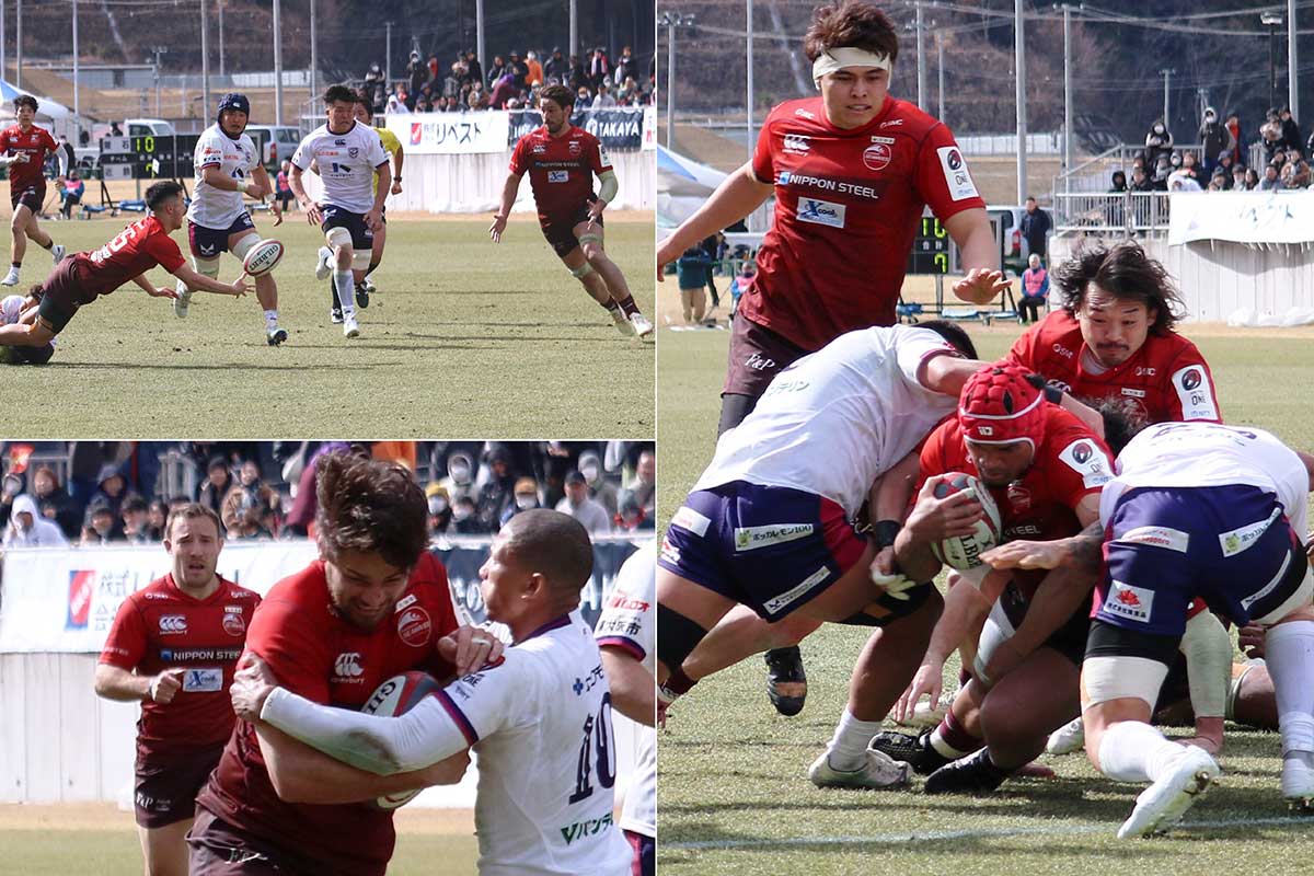 前半36分、フルバック落和史が相手を揺さぶるステップで前進。オフロードパスでナンバー8サム・ヘンウッドにつなぎ（写真左）、CTBトンガ モセセがゴールに押し込んだ（同右）