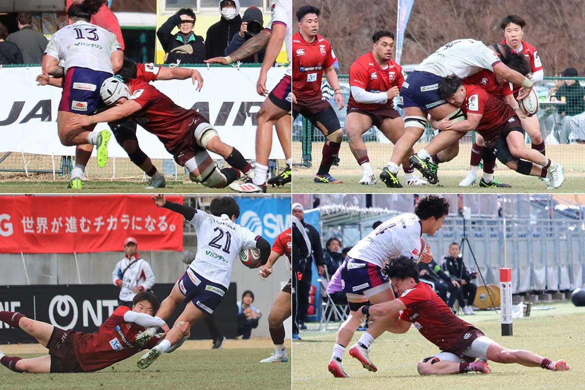 低い体勢のタックルで相手を果敢に止めにいく釜石の選手ら