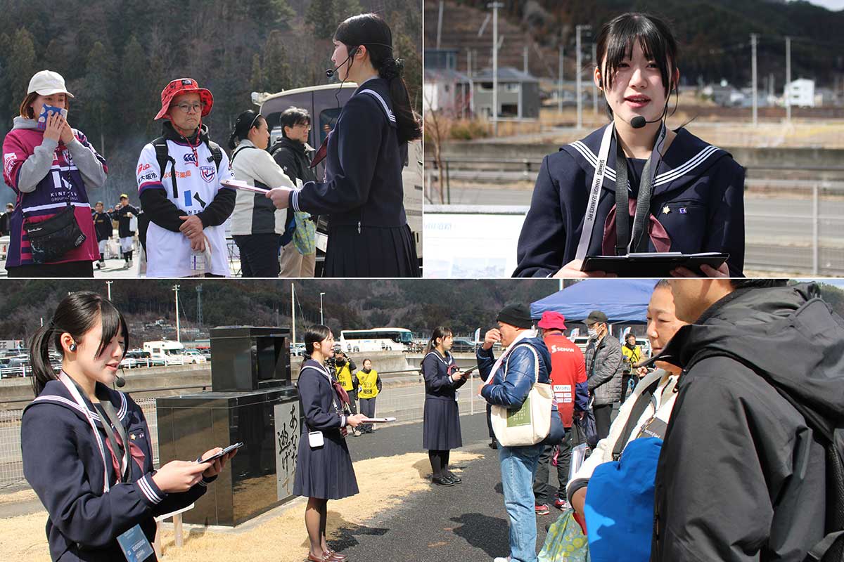 釜石高の「夢団」メンバーは自ら考えた内容で語り部。震災の教訓を来場者に伝えた