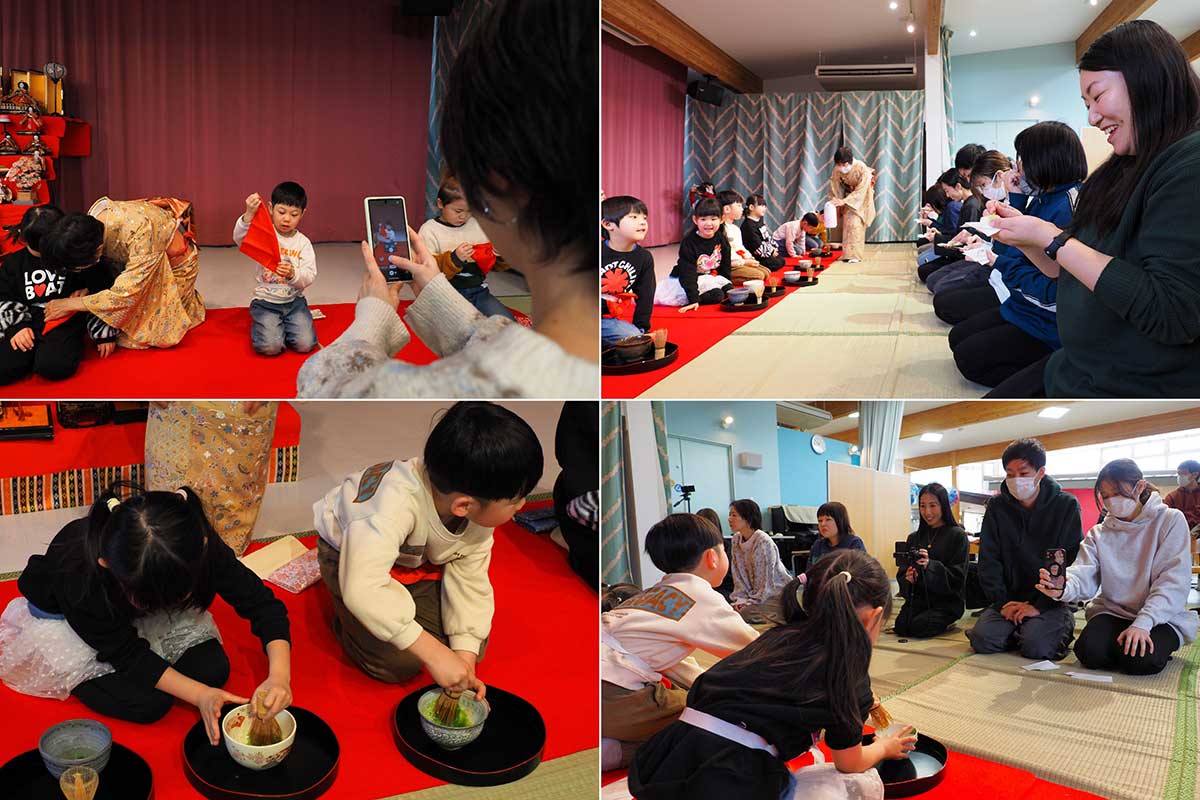 習った所作でお点前を披露する園児に保護者は熱視線