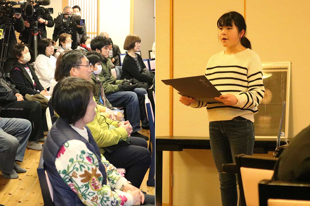 市内小中学生のメッセージを同市最年少震災語り部、佐々木智桜さん（鵜住居小6年）が朗読した（写真右）