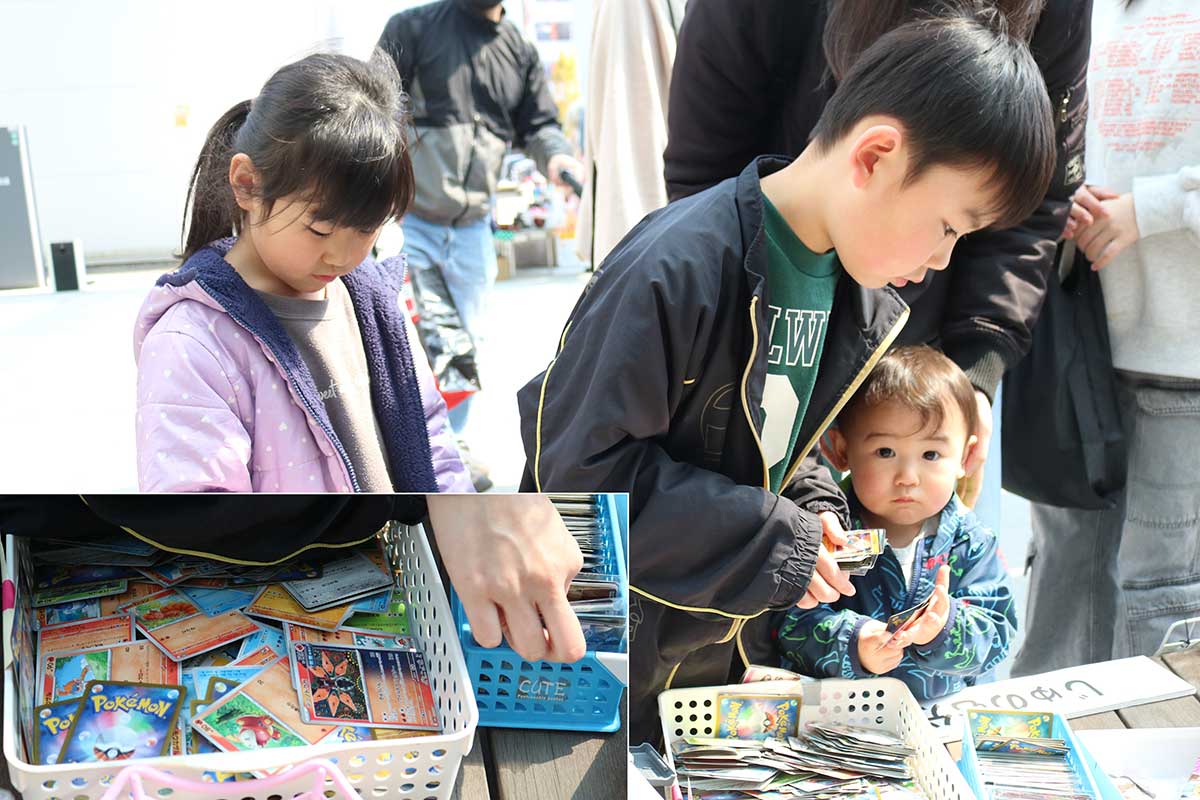 子どもたちは人気ゲームのカードやステッカーに目がくぎ付け