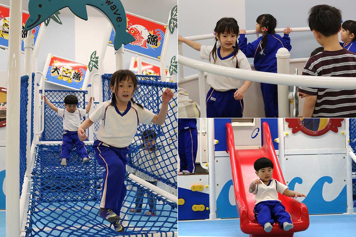 漁船をモチーフにした大型遊具には滑り台やタラップ風のネットが据え付けられる