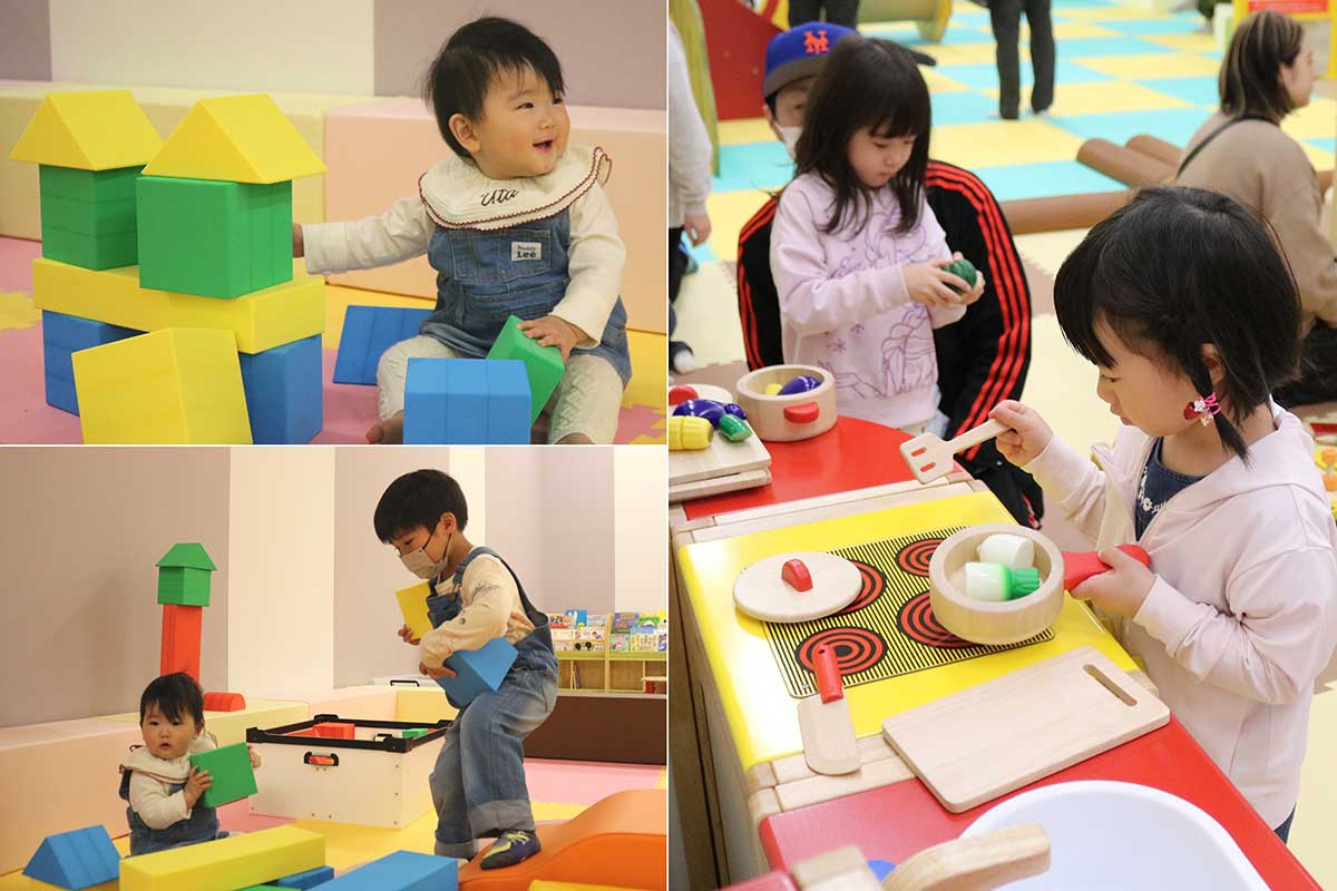 やわらか素材の積み木や、ままごと道具も充実。乳幼児が安心して遊べる