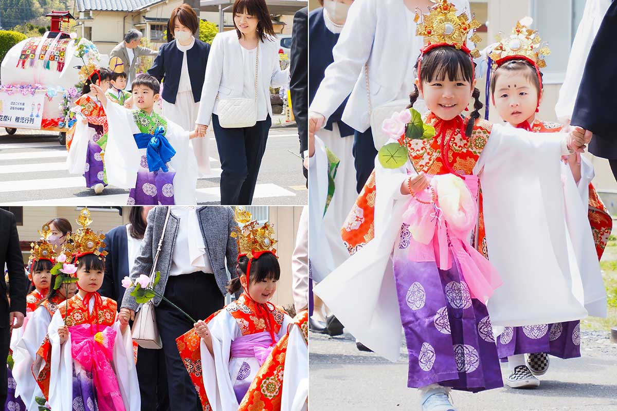 かわいらしく着飾った子どもたち。楽しそうに地域を歩く