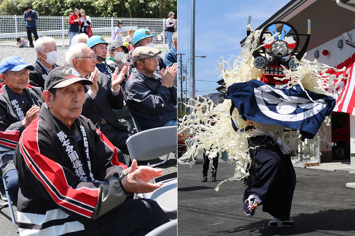 地元郷土芸能の橋野鹿踊り（右）は「館褒め」などの踊りで会を盛り上げた