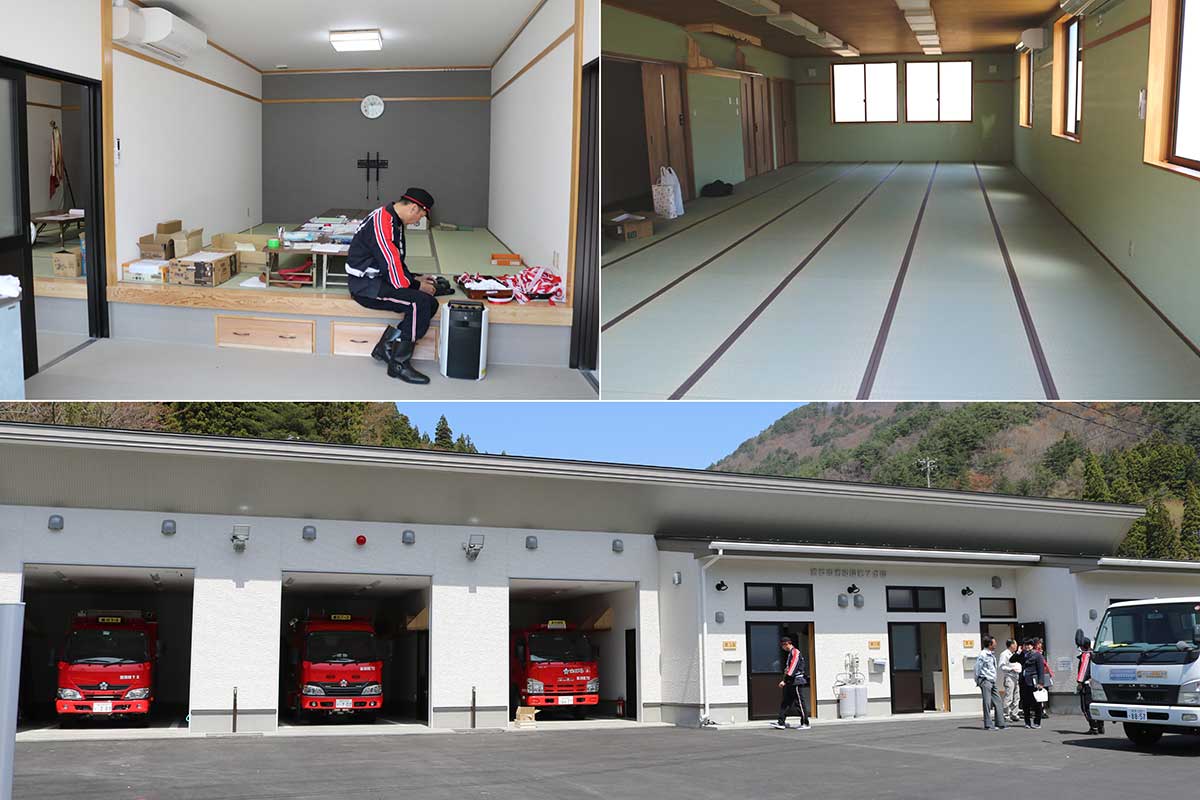 隣り合う2部、3部の詰め所（左上）。本部の和室は42畳（右上）。屯所は県道に面し、迅速な出動が可能