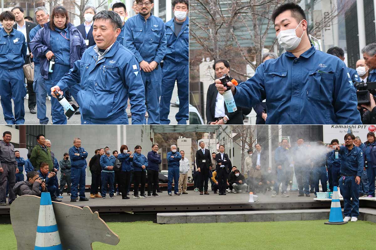 ホルダーからはずし、ロックを解除。クマの顔をめがけて噴射する。操作する時はクマから目を離さない