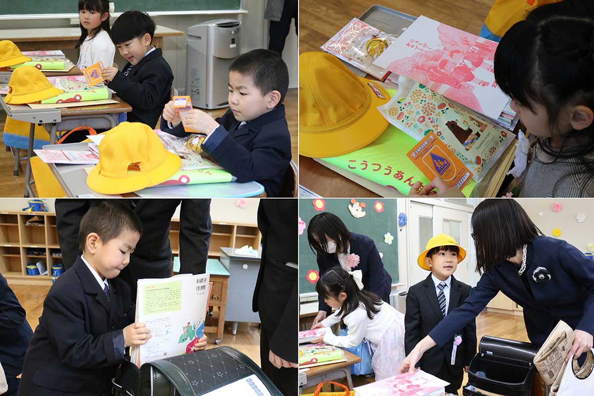 たくさんのお祝い品を贈られた新入生。ピカピカのランドセルに大事にしまう