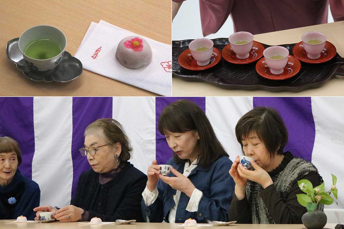 生菓子「さくら」をはさんで2種の煎茶をいただく。手間をかけて丁寧に入れられたお茶の味は格別