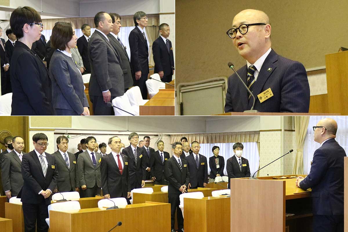 小野市長（右上写真）が幹部職員を前に訓示。「釜石発展のストーリー」を描き、必要な施策3本柱を説明した