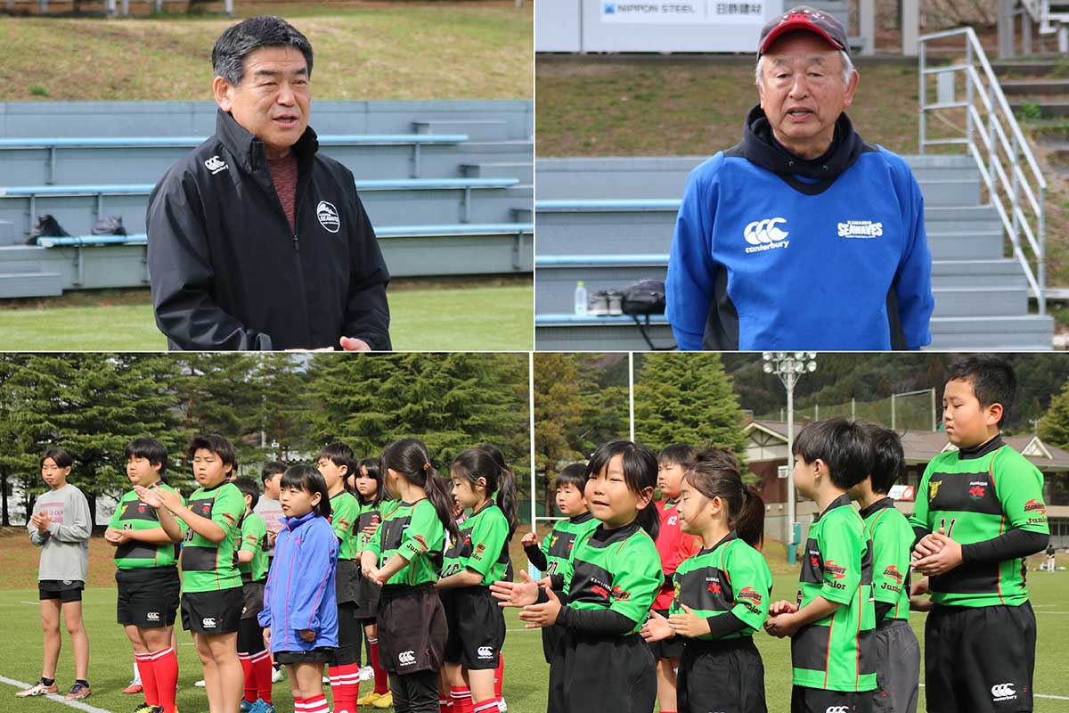 団員を激励する大畑勇校長（右上）と坂下功正総監督（左上）