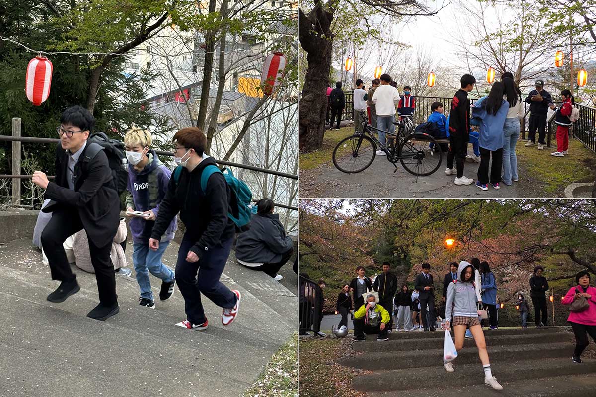 薬師公園頂上広場に駆け上がる避難者。あたりが暗くなり始めると津波の状況を確認しながら市開設の避難所に移動した
