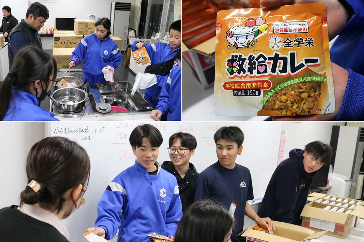 非常食のカレーを湯を沸かした鍋で温め、避難者に配布。手際の良さは自主防の訓練のたまもの