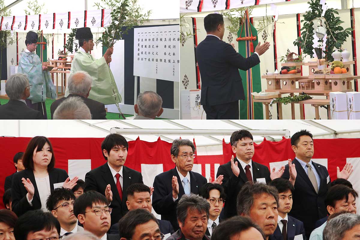 竣工式の神事で発電所の安全操業を祈る出席者ら