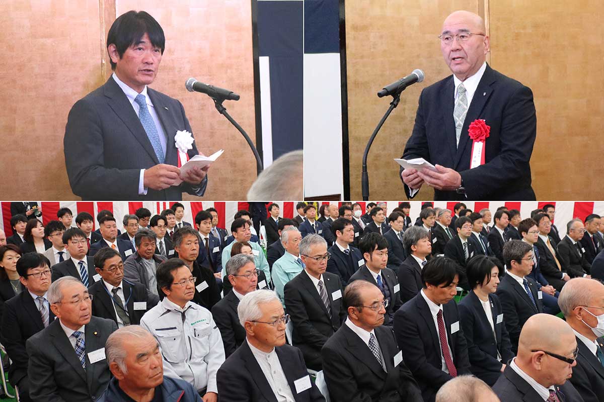 あいさつしたユーラスエナジーホールディングスの諏訪部哲也社長（左上）、平野公三大槌町長（右上）