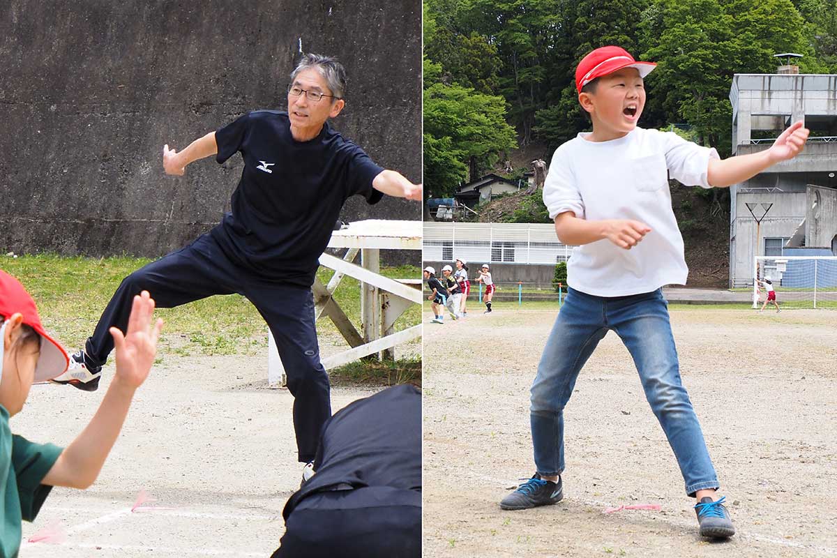 白山ソーランの生みの親、髙橋道明さん（写真左）から指導を受け、さらにパワーアップ。児童らは気合十分！