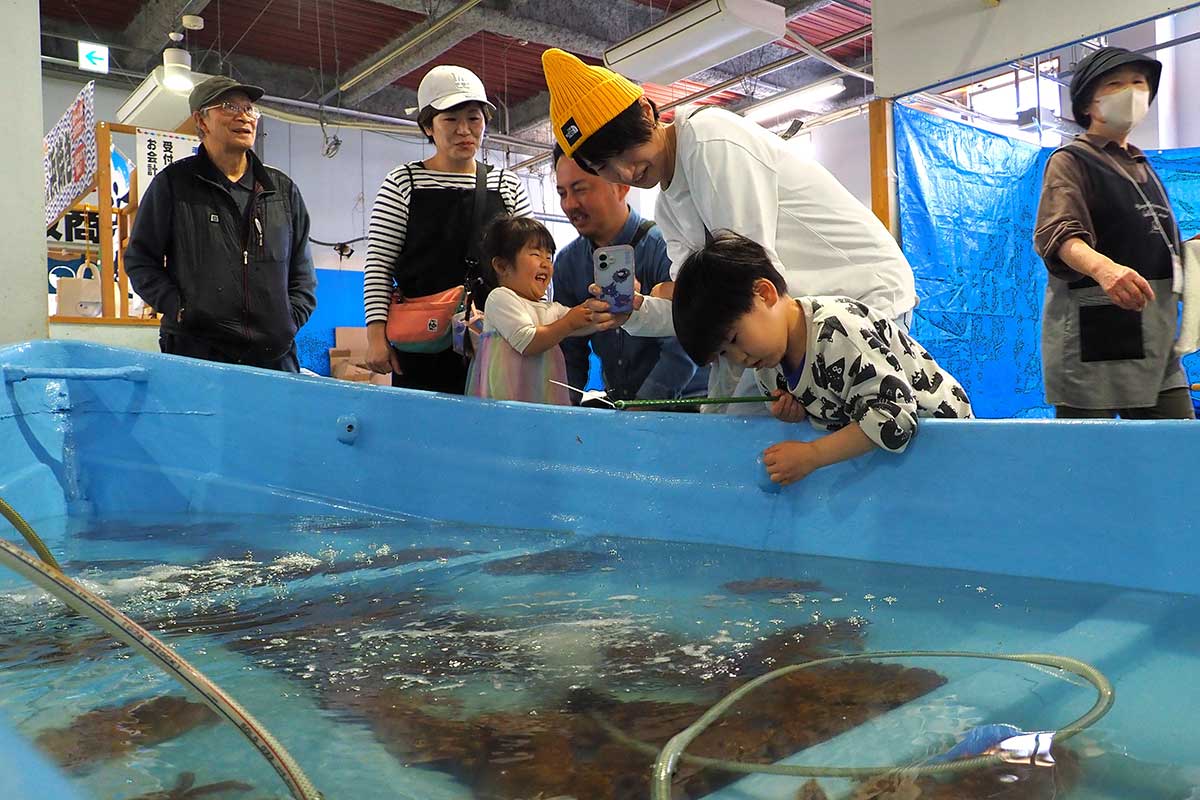かまいし春まつりで毛ガニ釣りを楽しむ家族連れ