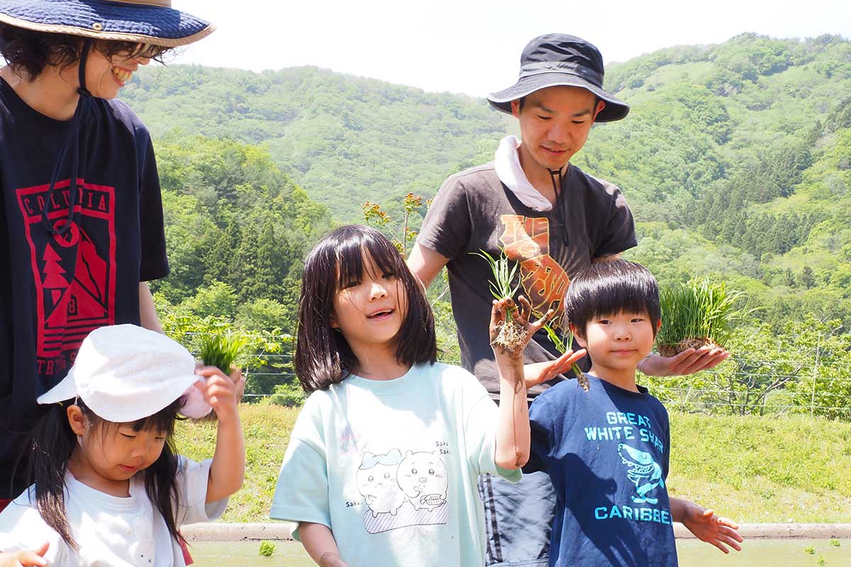 青々とした苗を手に笑顔を見せる家族連れ