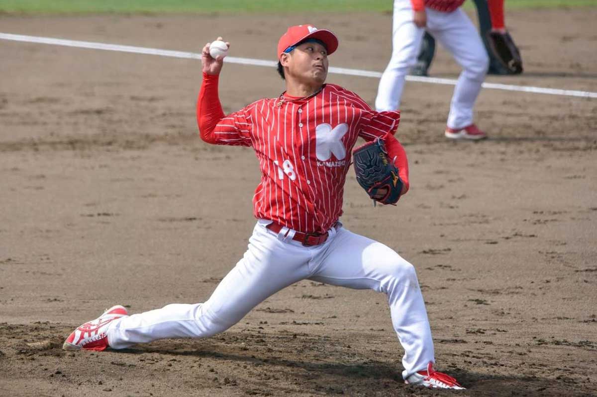 昨年加入した廣崎真樹投手。エースとして活躍（盛友クラブ戦）
