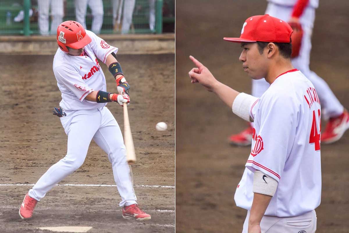 チームの主砲、菅原昌也選手（左）は本予選でも長打力を発揮。盛友戦では本塁打も。滝田丞選手（右）も先頭打者などで活躍