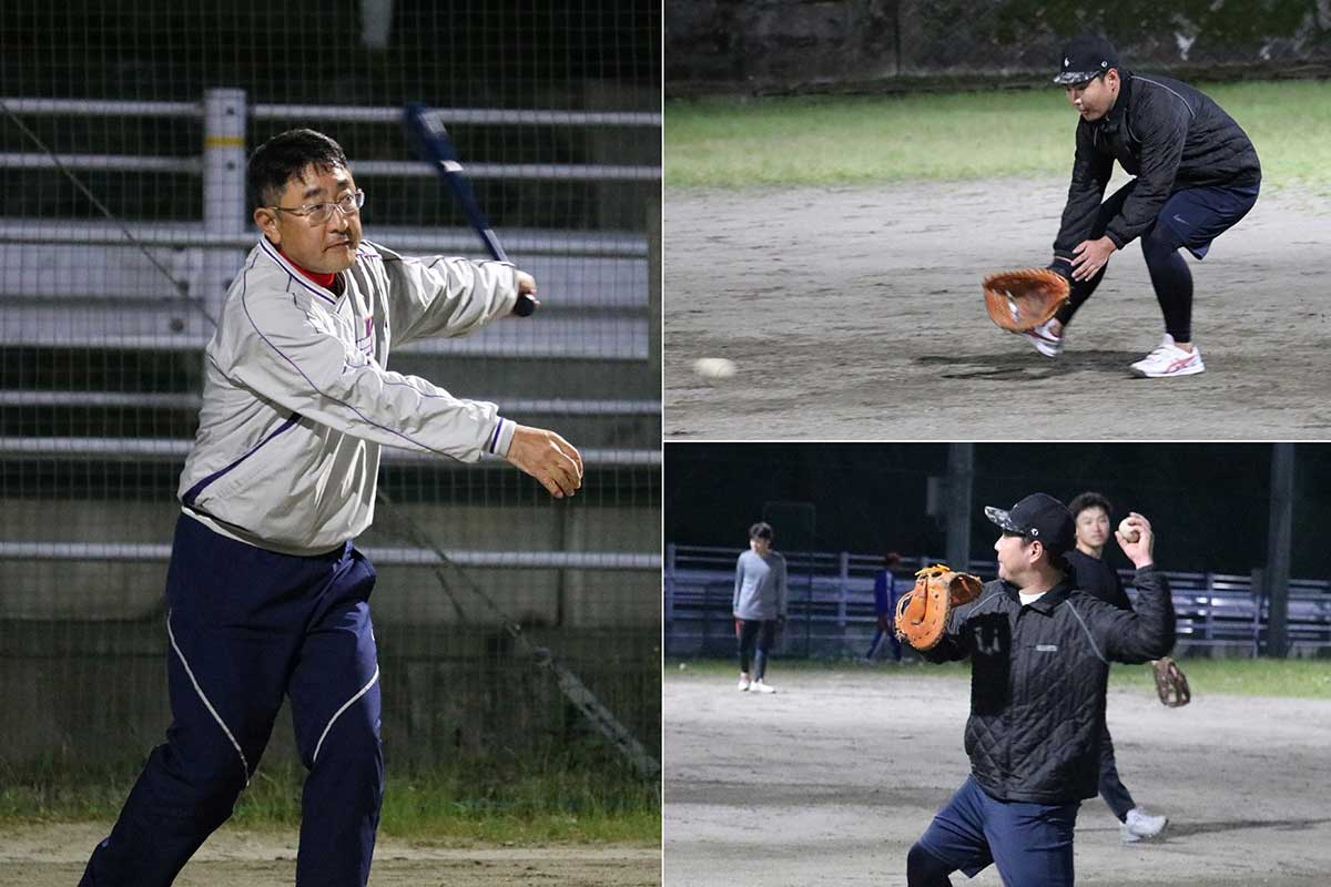 毎週水曜日の通常練習は仕事を終えた夜に実施。佐藤貴之監督（左）のノックで守備練習＝10日