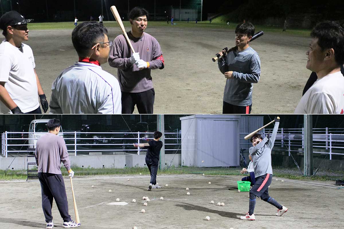 夜の練習は釜石在住者が中心。各地のメンバーが集まっての球場練習は土日に設定