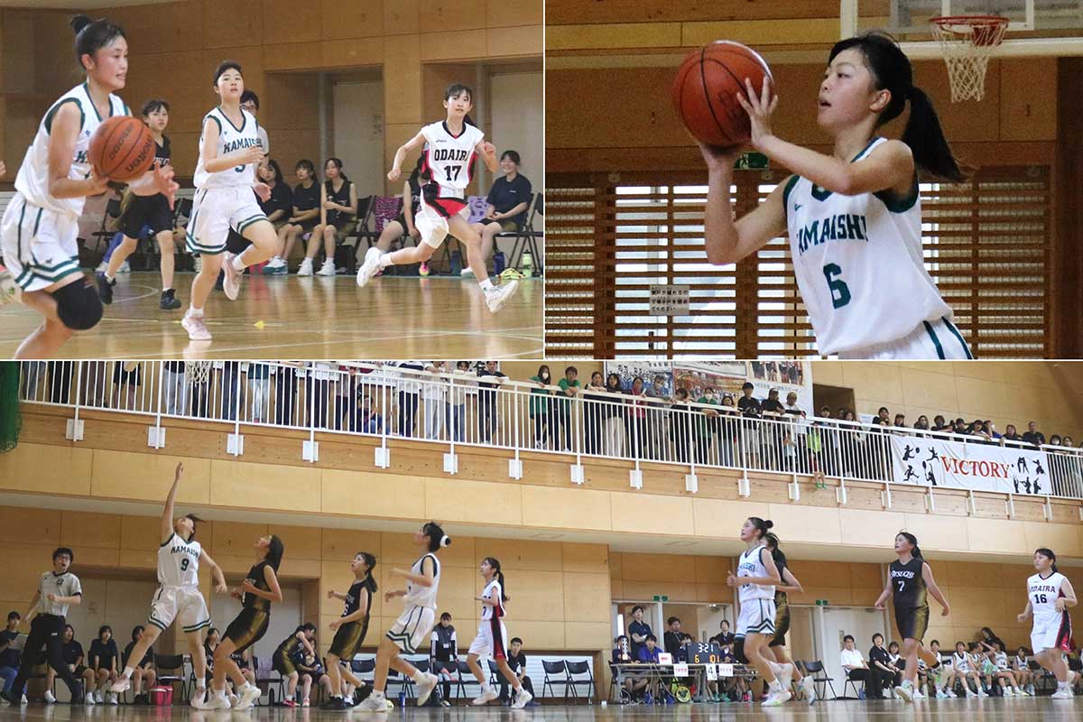 釜石は大平との合同チームで出場し、大槌と対戦。拠点校部活動制度を利用し釜石中で活動する千葉さん（右上）も躍動
